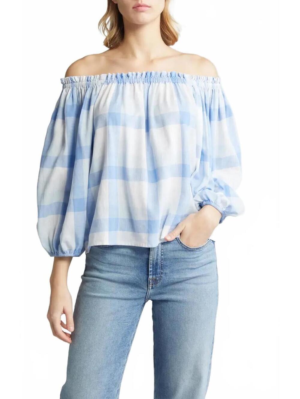 Caslon Check Off the Shoulder Linen Blend Top NWT Blue White Large